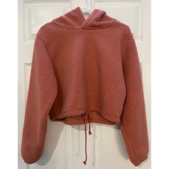 Wild Fable Womens S Pullover Cropped String Hoodie Sweater Peachy/Pink Fuzzy